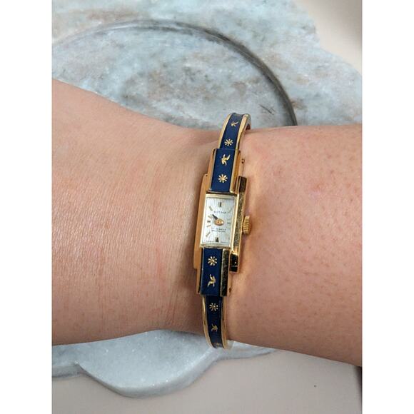 Vintage Ritma Gold Tone Manual Watch Deep Blue Enamel Gold Flowers &Bird Working - Picture 1 of 10